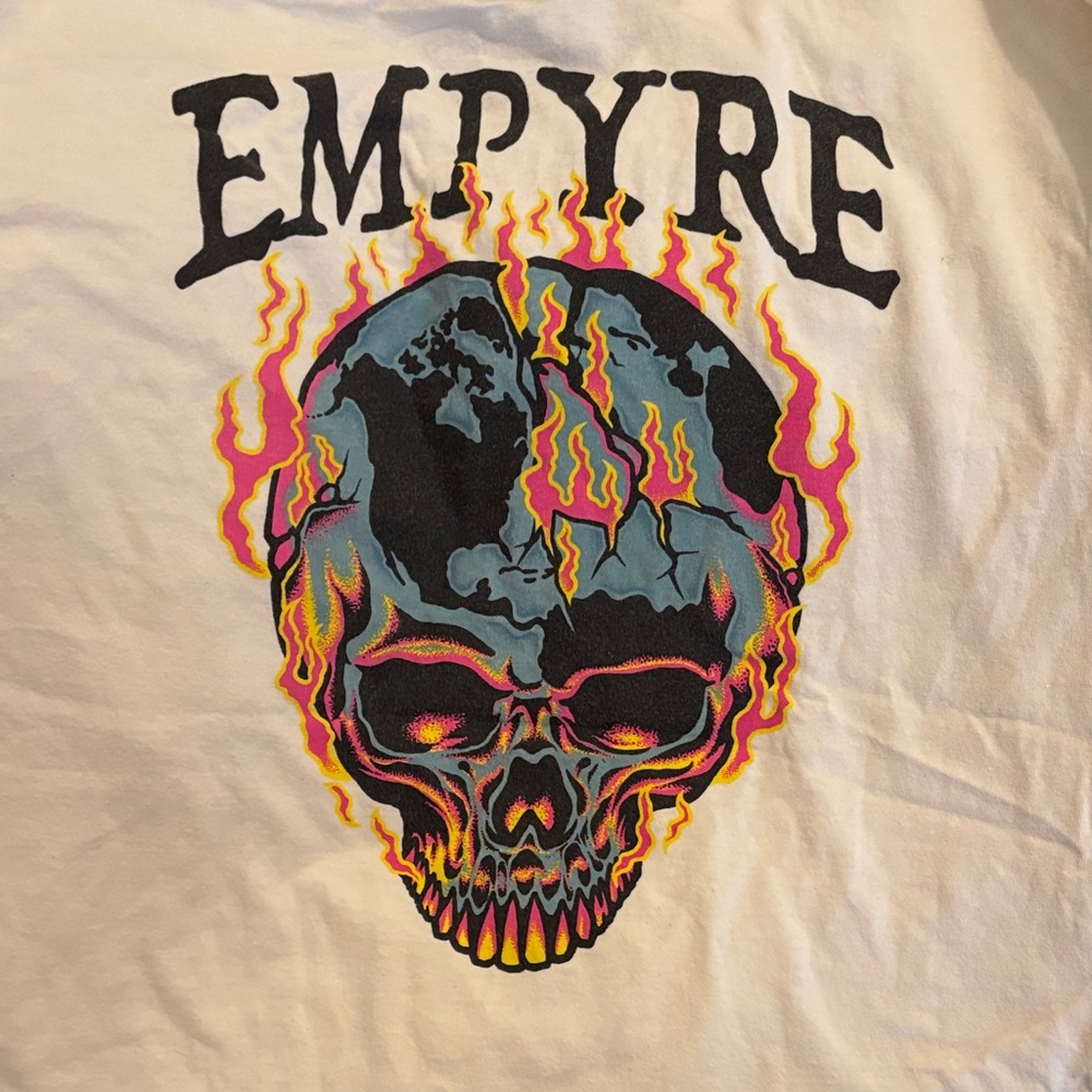 Empyre White Tee with Blue and Pink Skull Design